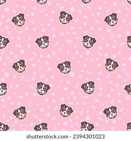 Seamless pattern with cute puppies' faces. Cartoon funny puppies on a pink background with hearts, bones and paw marks. Vector illustration.