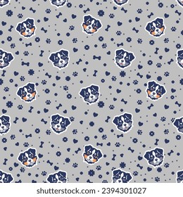 Seamless pattern with cute puppies' faces. Cartoon funny puppies on a gray background with hearts, bones and paw marks. Vector illustration.