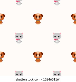 Seamless pattern with cute puppies and kittens. Cartoon illustration. Vector 8 EPS.