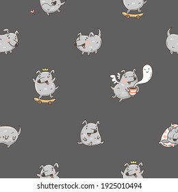 Seamless pattern with cute puppies on dark background. Funny dogs wallpaper. Vector doodle animals print.