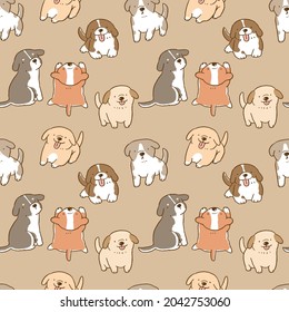 Seamless Pattern with Cute Puppy Illustration Design on Brown Background