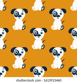 Seamless pattern with cute puppy. Little funny dogs for kids. Vector illustration. Yellow background with 
 nursery print baby dog,