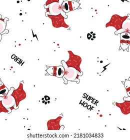 Seamless pattern with a  cute puppy superhero. Funny dog in hero clothes. Vector illustration isolated on white background.