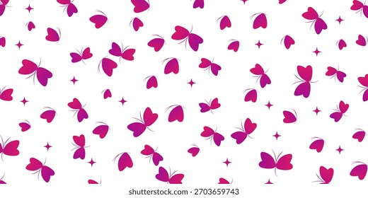 Nahtloses Muster mit süßen violetten Schmetterlingen und Sternen auf weißem Hintergrund. Vektorgrafik für Kindertextilien oder Tapeten.