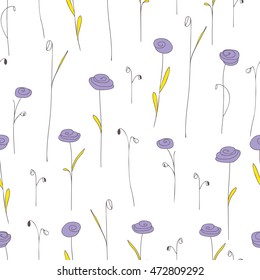 Seamless pattern with cute purple flowers. White background with stylized doodle roses. Elegant template for fashion prints. Vector illustration. Vintage floral backdrop for summer or spring design.