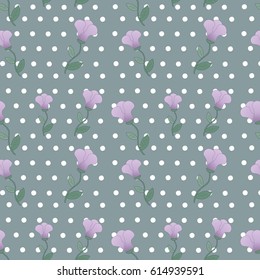 Seamless pattern the cute purple flowers with dots on the gray background.Can be used to create paper for wrapping gifts, wallpaper, fabrics, home textiles and background for website. Vector