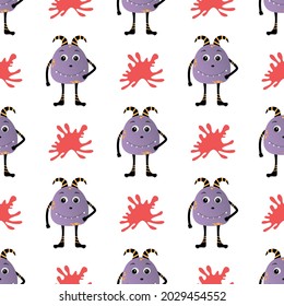 Seamless pattern with cute purple  monsters and spots on white background. Repeated childish background. Good for wrapping paper, wallpaper, paper design, baby wear,textile. Eps 10