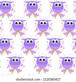 Seamless pattern cute purple owl illustration in cartoon style suitable for children's products