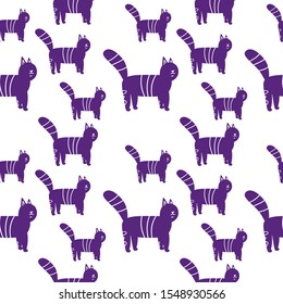 Seamless pattern with cute purple striped cat on white background. Cartoon flat pet characters. Vector illustration.