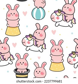 Seamless pattern of cute rabbit in amusement park concept white background.Animal character cartoon design.Fun time.Carnival.Kawaii.Vector.Illustration