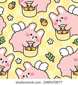 Seamless pattern of cute rabbit angels flying hold carrot basket with flower and leaf background.Easter.Bunny.Vegetable.Rodent animal character cartoon design.Image for card,poster,sticker.