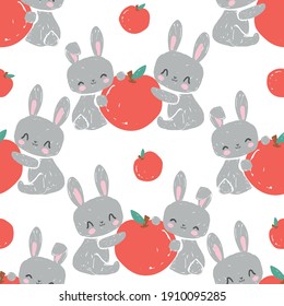 Seamless pattern Cute rabbit with apple on white background vector bunny print design 
