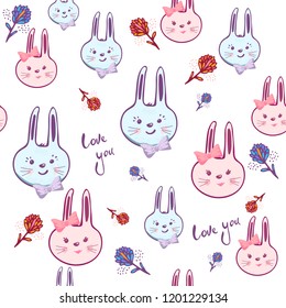 Seamless pattern with cute rabbit baby girl, boy,flowers. sketch vector illustration.Cute cartoon background for kids. Graphic design for paper, textile print, page fill.