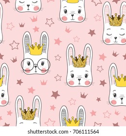 Seamless Pattern With Cute Rabbit Baby Girl Princess