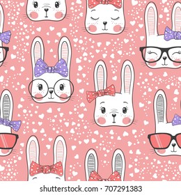 Seamless pattern with cute rabbit baby girl