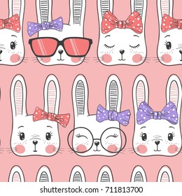Seamless pattern with cute rabbit baby. Repeating background for girls