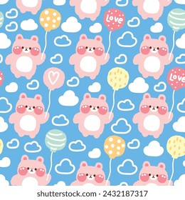 Seamless pattern of cute rabbit with balloon on sky background.Bunny cartoon.Rodent animal.Cloud.Easter.Image for card,poster,baby clothing.Kawaii.Vecor.Illustration.