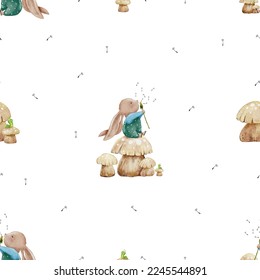 Seamless pattern Cute Rabbit blowing dandelion flower water colour hand paint,Vector pattern Cartoon hand drawn animal Bunny, Hare character element for Easte,Spring,Summer Holiday season background