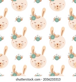 Seamless pattern with cute rabbit and bouquet blue flowers. Background with wild animals in flat style. Illustration for kids. Design for wallpaper, fabric, textiles, wrapping paper. Vector
