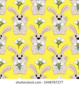 Seamless pattern with Cute Rabbit with bouquet snowdrop
