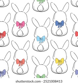 Seamless Pattern Cute Rabbit and Bow Hand Drawn Bunny, print design rabbit background. Vector Seamless. Print Design Textile for Kids Fashion.