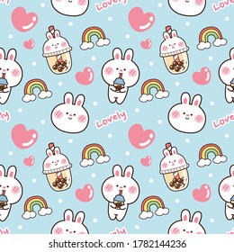 Seamless pattern of cute rabbit with bubble milk tea on blue background.Animal cartoon.Image for wallpaper,texture,paper.Kawaii.Sweet beverage.Baby bunny.Vector.Illustration.