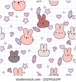 Seamless pattern cute rabbit bunny and heart and diamond in pink grey pastel colorful,lovely adorable cartoon background,vector by freehand drawing doodle comic art illustration card