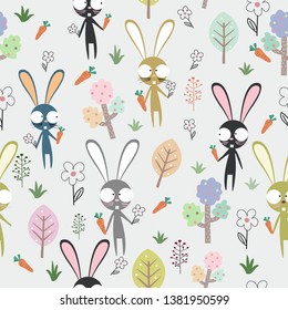 seamless pattern cute rabbit bunny in the garden,illustration vector doodle comic art.