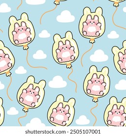 Seamless pattern of cute rabbit bunny in balloon on sky and cloud background.Easter.Rodent animal character cartoon design.Kawaii.Vector.Illustration.