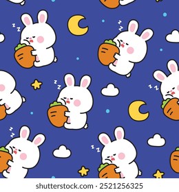 Patrón sin fisuras del conejo lindo que duerme con la almohada de la zanahoria en el fondo del cielo nocturno. Luna. Estrella. Nube. Diseño de dibujos animados del personaje animal del roedor. Kawaii. Vector. Ilustración.