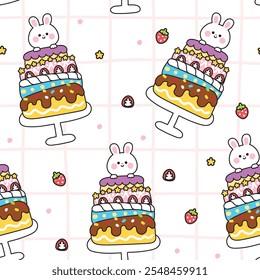 Patrón sin fisuras de conejo lindo conejo estancia en gran torta con fresa y estrella de fondo. Feliz cumpleaños. fiesta de celebración. diseño de dibujos animados de personaje animal de roedor. Kawaii. Vector. ilustración.