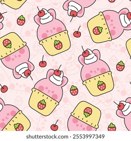 Seamless pattern of cute rabbit bunny strawberry ice cream flavor with cherry and whipping cream background.Sweet and dessert.Rodent animal cartoon hand drawn.Kawaii.Vector.Illustration.