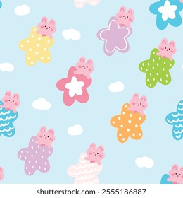 Seamless pattern of cute rabbit bunny on star with cloud sky background.Easter.Rodent animal character cartoon design.Kawaii.Vector.Illustration.