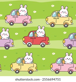 Seamless pattern of cute rabbit bunny with carrot stay on car jungle grass flower background.Vehicle.Rodent animal character cartoon hand drawn design.Kawaii.Vector.Illustration.