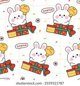 Seamless pattern of cute rabbit bunny and chicken stay in bow gift box background.Heart.Surprise.Presents.Birthday.Celebrated.Party.Rodent and bird animal character cartoon.Kawaii.Vector.Illustration.