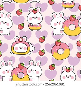 Seamless pattern of cute rabbit bunny with strawberry donut heart background.Bakery and sweet hand drawn.Rodent animal character cartoon design.Image for card,sticker,stationery,baby clothing.Kawaii.