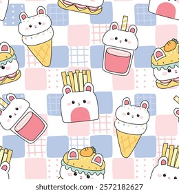 Seamless pattern of cute rabbit bunny in food concept background.Fastfood.Hamburger,fresh fried,ice cream,drink.Rodent animal character cartoon.Kawaii.Vector.Illustration.