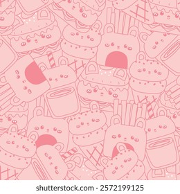 Seamless pattern of cute rabbit bunny line in food concept pink background.Fastfood.Hamburger,fresh fried,ice cream,drink.Rodent animal character cartoon.Kawaii.Vector.Illustration.