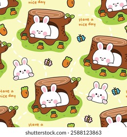 Seamless pattern of cute rabbit bunny sleeping and stay in tree background.Carrot garden.Chopped trunk tree.Easter.Jungle.Wild.Rodent animal character cartoon design.Kawaii.Vector.Illustration.