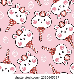 Seamless pattern of cute rabbit candy strawberry on pink background.Sweet and dessert.Baby clothing.Kawaii.Vector.Illustration.