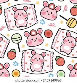 Seamless pattern of cute rabbit candy on white background.Rodent animal character cartoon design.Strawberry.Dessert.Sweet.Kawaii.Vector.Illustration.