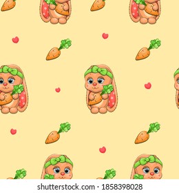 Seamless pattern with cute rabbit and carrot. Vector illustration of animal on the yellow background with hearts.
