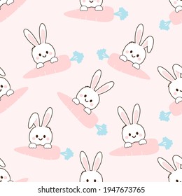 Seamless pattern with cute rabbit and carrot on pink background vector illustration.