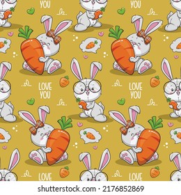 Seamless Pattern Cute Rabbit With Carrot. Cartoon Illustration