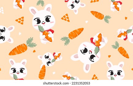 Seamless pattern cute rabbit and carrot. Vector illustration