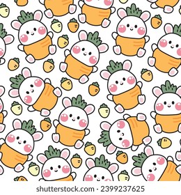 Seamless pattern of cute rabbit in carrot costume on white background.Rodent animal character cartoon design.Vegetable.Kawaii.Vector.Illustration.