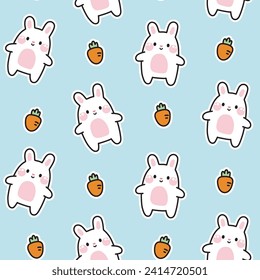 Seamless pattern of cute rabbit with carrot sticker on blue background.Easter.Rodent animal character cartoon design.Image for card,poster,baby clothing.Kawaii.Vector.Illustration.