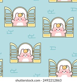 Seamless pattern of cute rabbit with carrot open the window on the wall background.Easter.Rodent animal character cartoon design.Image for card,sticker,baby product.Kawaii.Vector.Illustration.