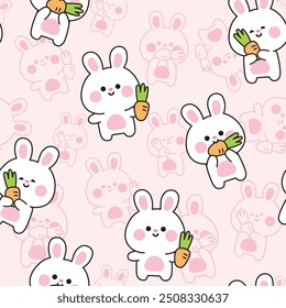 Seamless pattern of cute rabbit with carrot in various poses on line drawing background.Easter.Bunny.Rodent animal character cartoon design.Kawaii.Vector.Illustration.