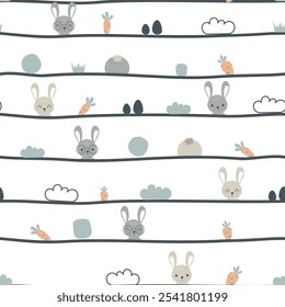 Seamless pattern with cute rabbit, carrot and forest. Cartoon animal design for kids. Use for fabric, prints, wallpaper, nursery, stationery, wrapping